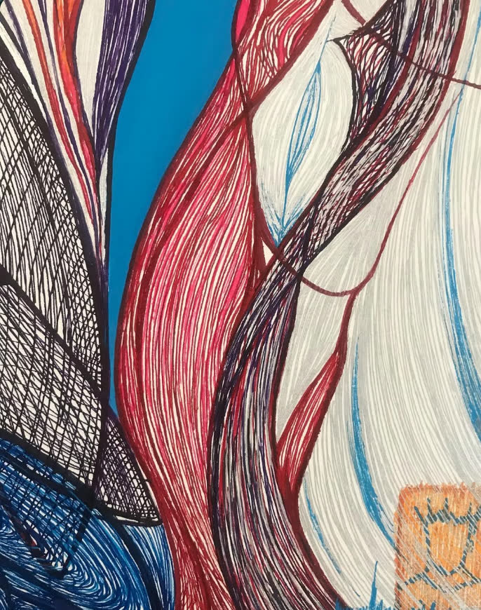 Pintura do Cristiano: faixas de traços vermelhos, azuis e pretos ondulando sobre fundo branco e azul