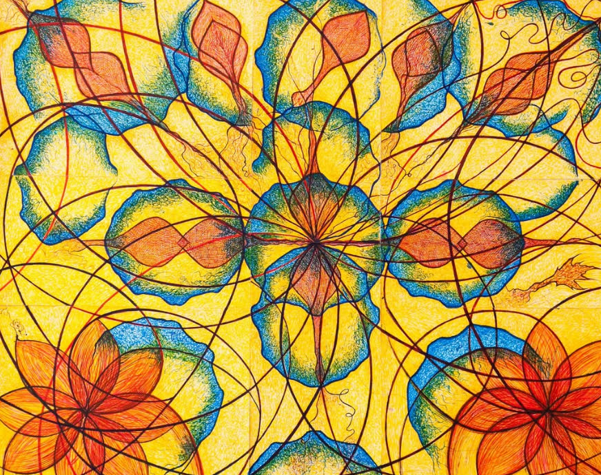 Pintura do Cristiano: mandala amarela com círculos azuis, flores laranja e linhas curvas entrelaçadas